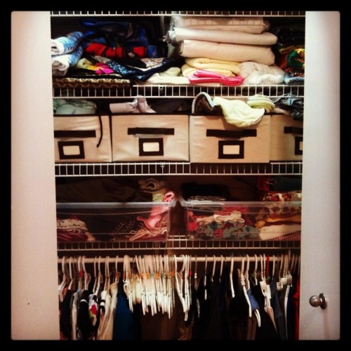 The closet.  Donna on the left, Mary Tyler Son on the right.  Hats and blankets and baby things interspersed.