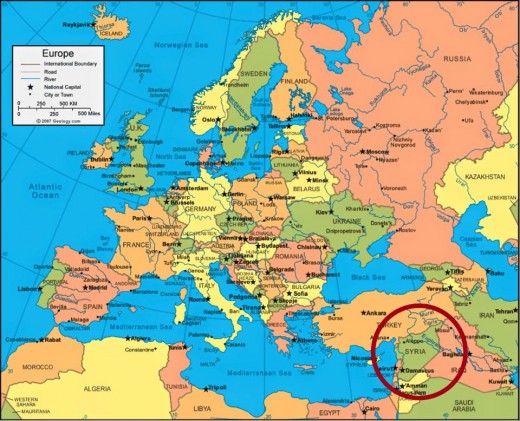 Map from geology.com.  Syria is circled in lower right corner.  